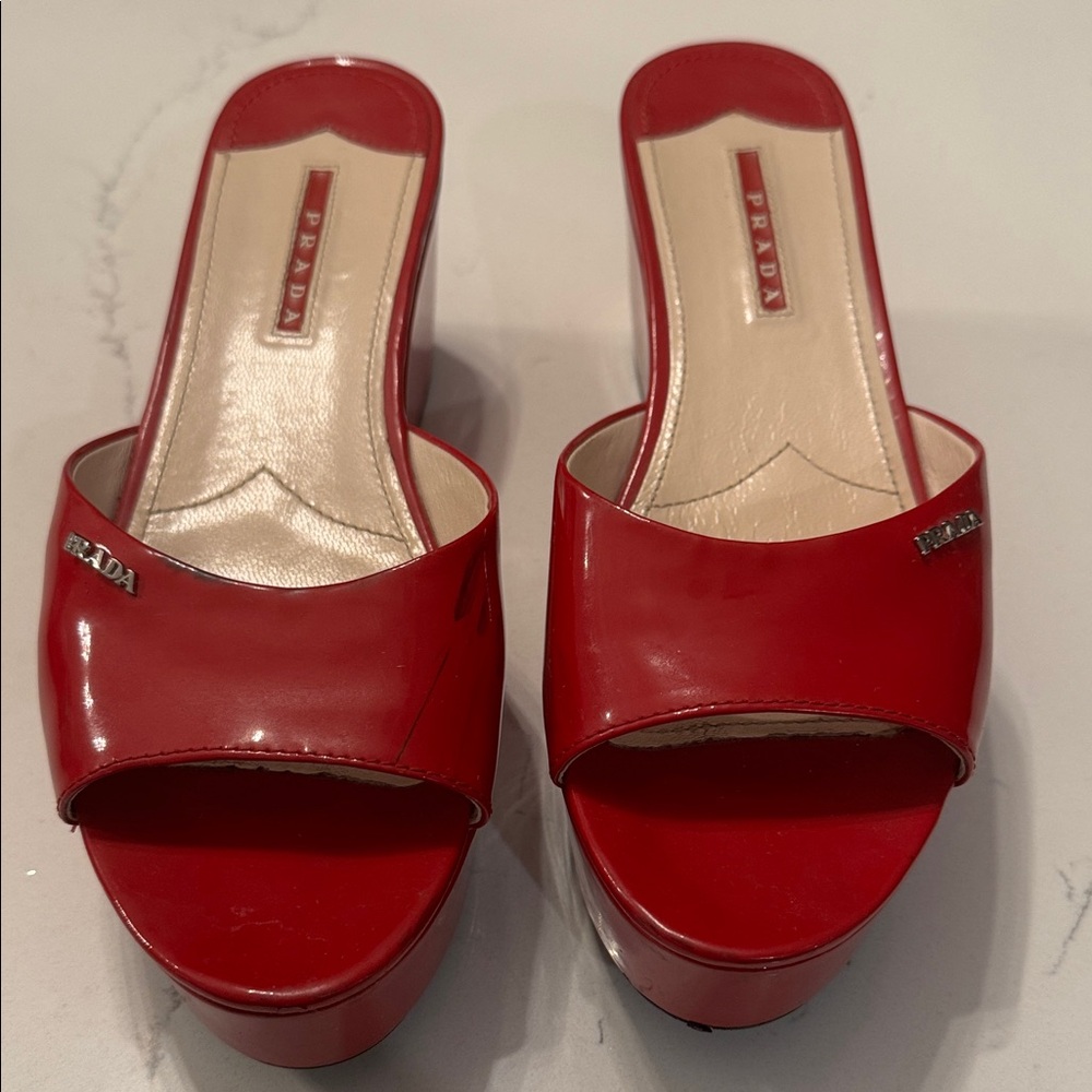 Prada Red Patent Slide Platform Sandals